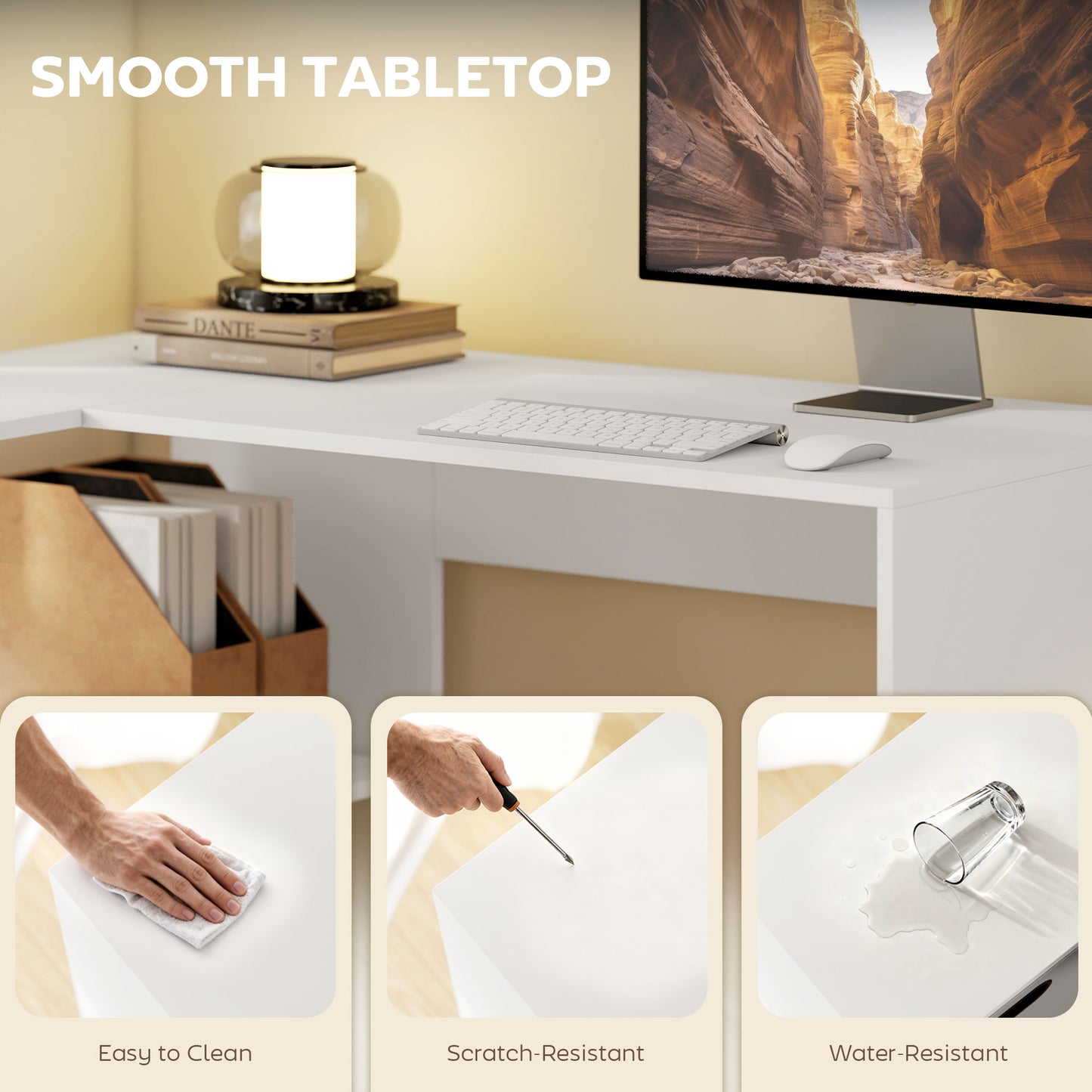 L Shaped Computer Desk, 110 x 100cm Reversible Corner Desk with Fabric Drawer and Storage Shelves, White