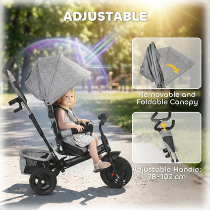 6 in 1 Kids Trike with Parent Handle, Canopy, 5-point Seat Belt, Storage, Footrest, Brake, for 1-5 Years, Grey