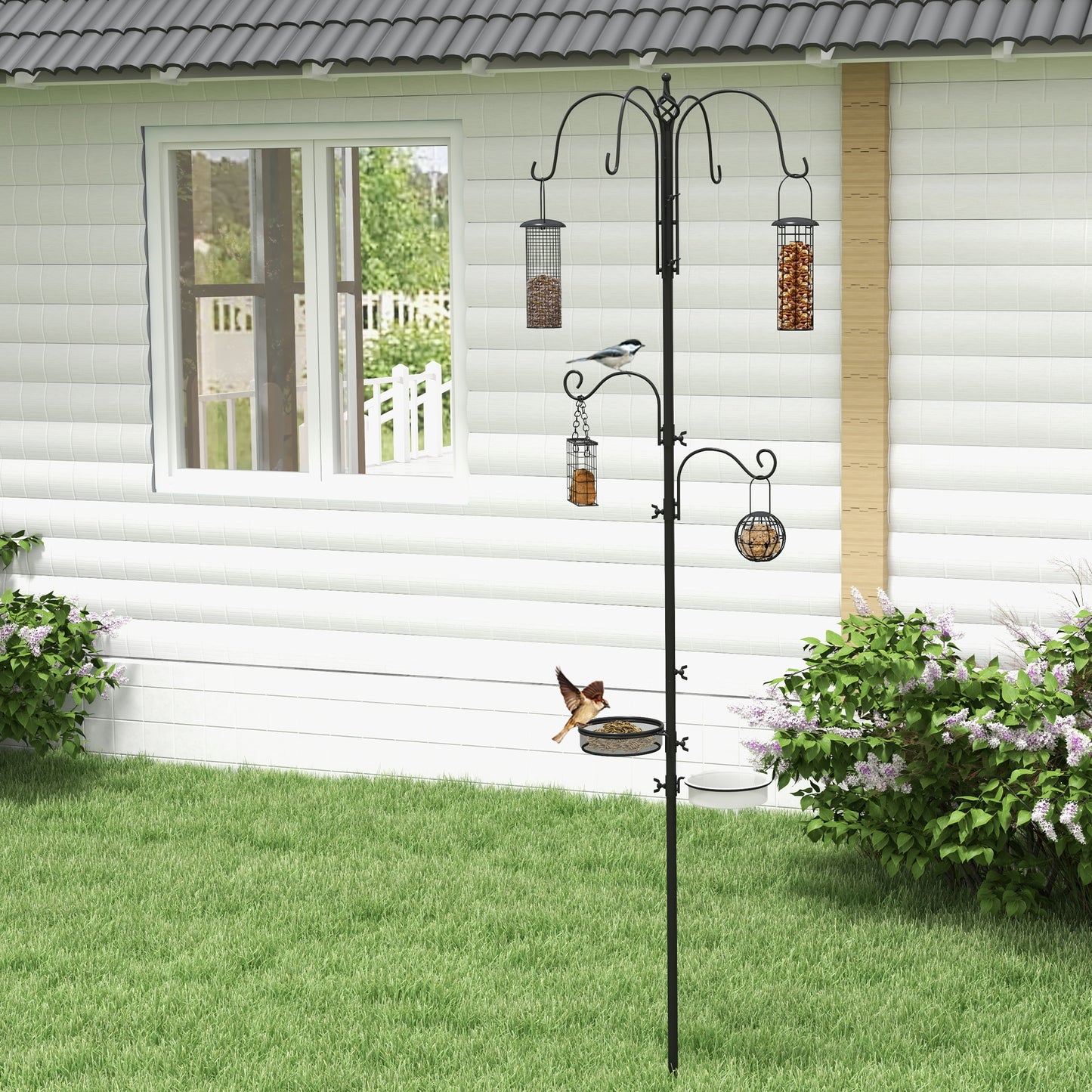 Bird Feeding Station Kit, Wild Bird Feeder Pole with 6 Hooks, 4 Hanging Feeders for Peanuts, Seed, Fat Balls, for Garden