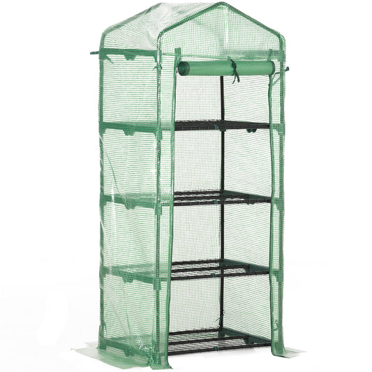 4 Tier Mini Greenhouse, Portable Compact Green House with Steel Frame, PE Cover, Roll-up Door, 70 x 50 x 160 cm, Green