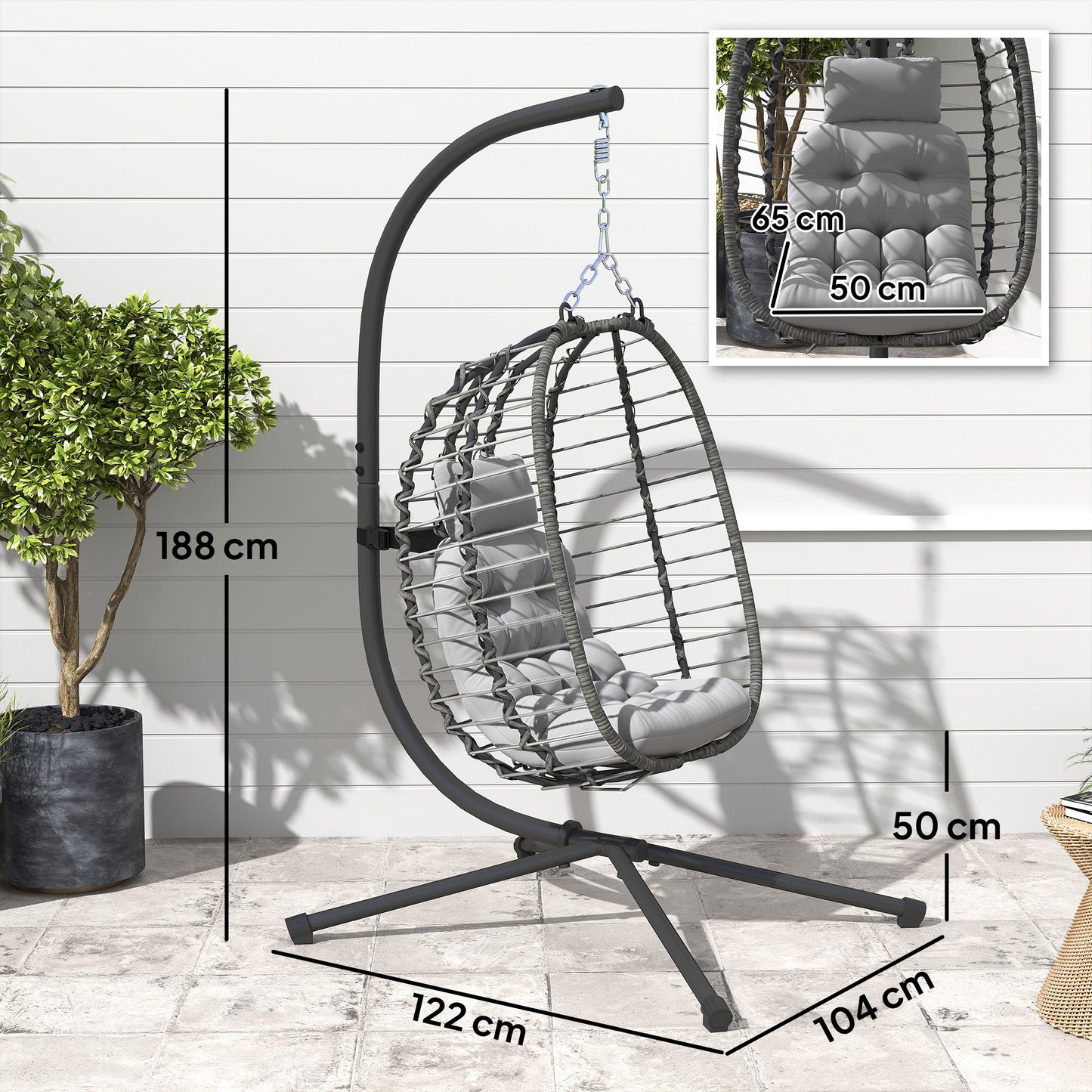 Rattan Hanging Egg Chair, Foldable Wicker Hammock Swing Chair with Cushion, Stand, Adjustable Height, Head Pillow