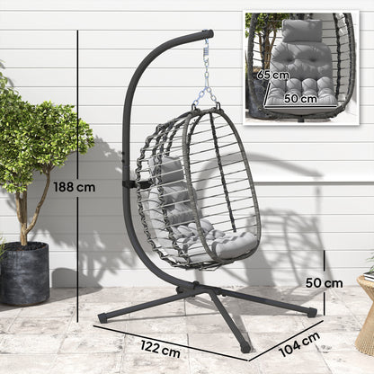 Rattan Hanging Egg Chair, Foldable Wicker Hammock Swing Chair with Cushion, Stand, Adjustable Height, Head Pillow