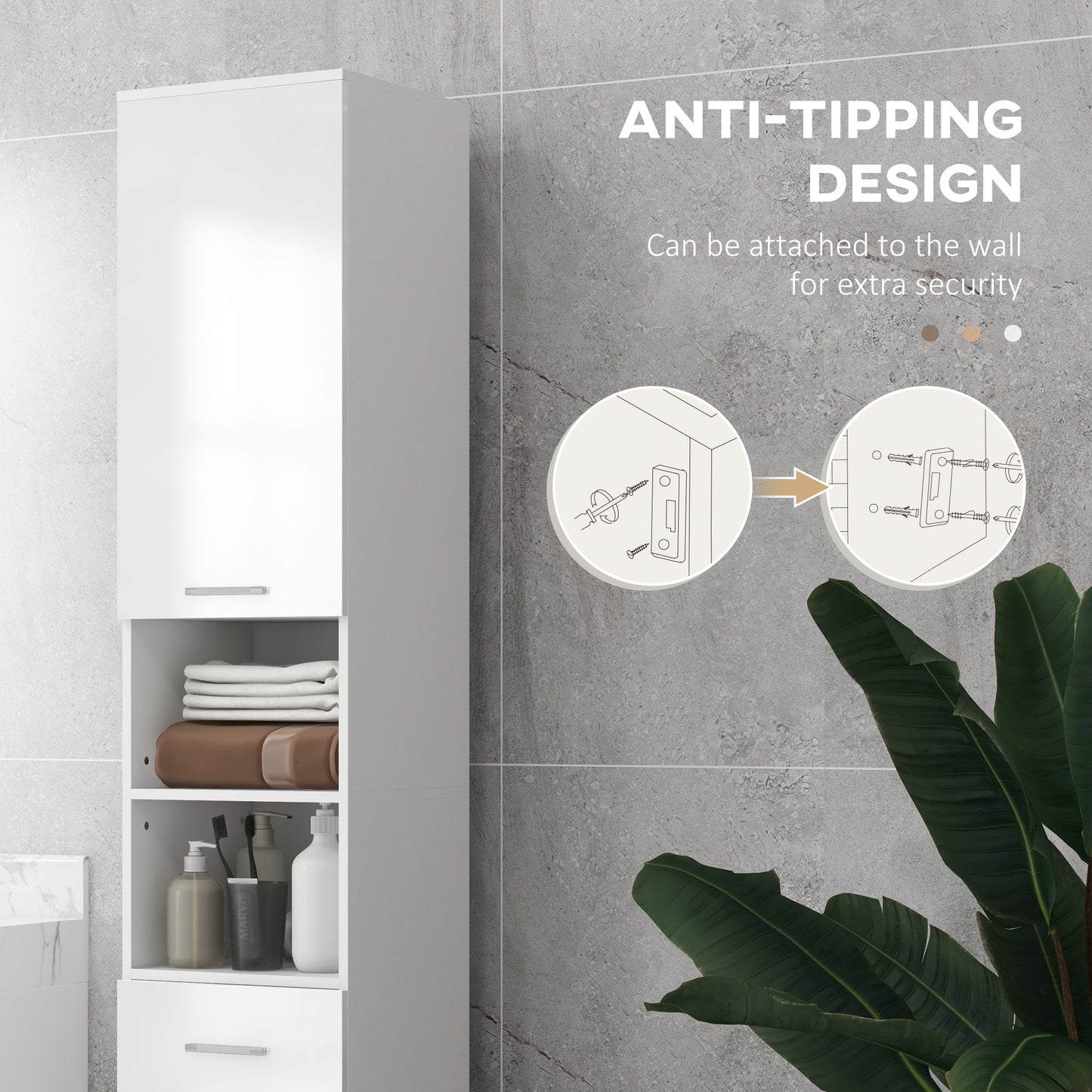 71" Tall Slim Bathroom Storage Cabinet, Narrow Cupboard with Drawer, Open Shelves, 2 Doors, White and High Gloss White