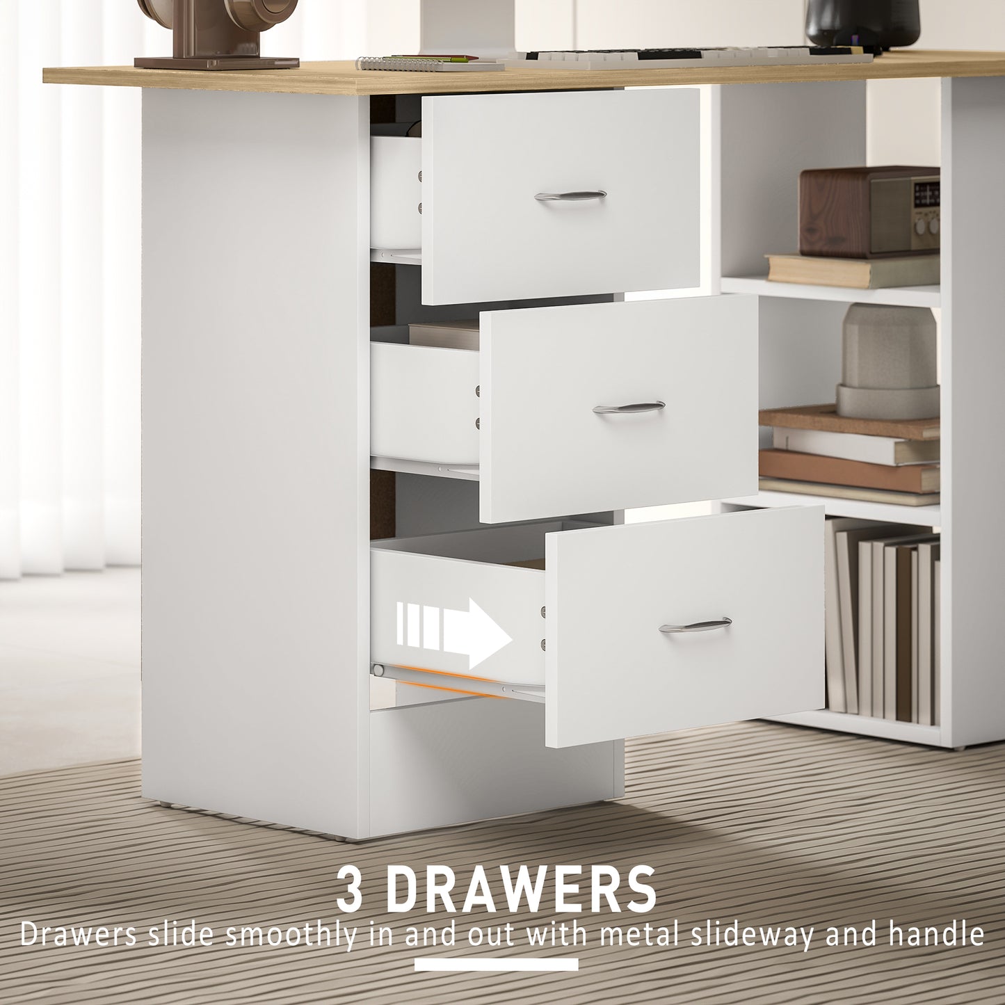 Computer Desk with Drawers, Home Office Desk, Writing Table, PC Workstation with 3 Storage Shelves for Working, Study