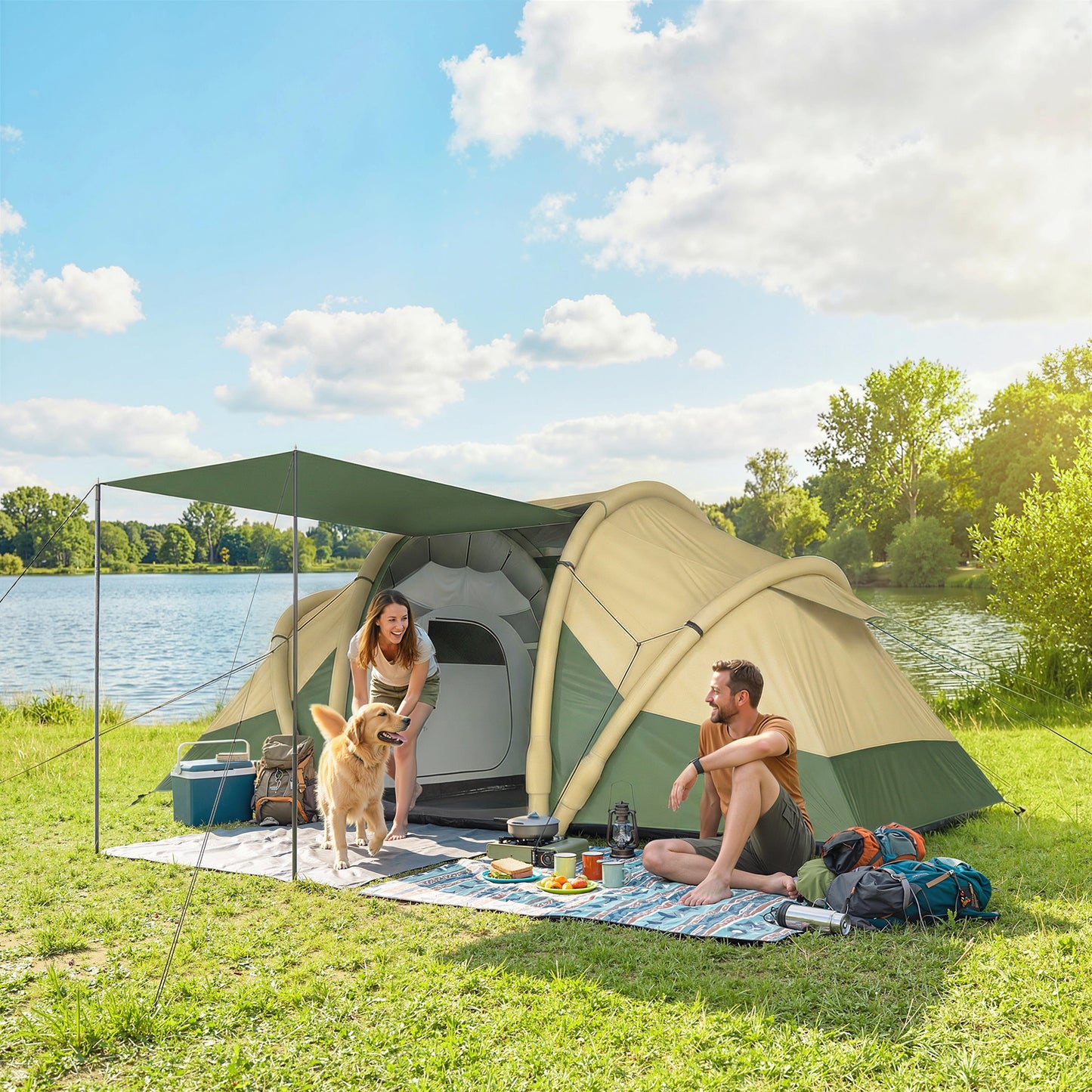 Inflatable Tent 2 Bedroom Tunnel Design Windproof Air Tent with Carry Bag for 4 Person