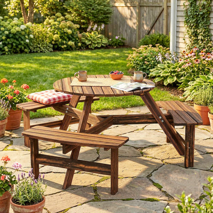 Wooden Garden Dining Set, 6 Seater Round Dining Picnic Table with Matching Bench