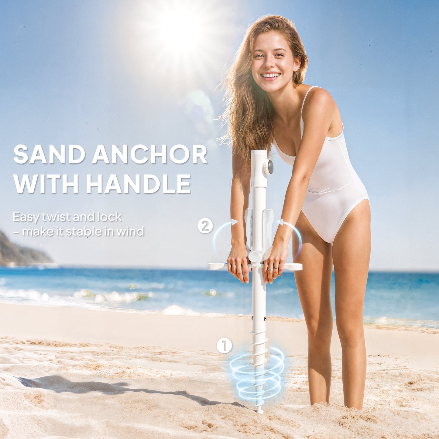 Beach Umbrella Portable with Sand Anchor, Carry Bag, Adjustable Height & Tilt, UPF50+ UV Protection, Blue