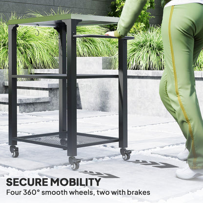 Three-Shelf Outdoor Grill Cart with Stainless Steel Top, Outdoor Kitchen Island with 4 Wheels, 3 Hooks