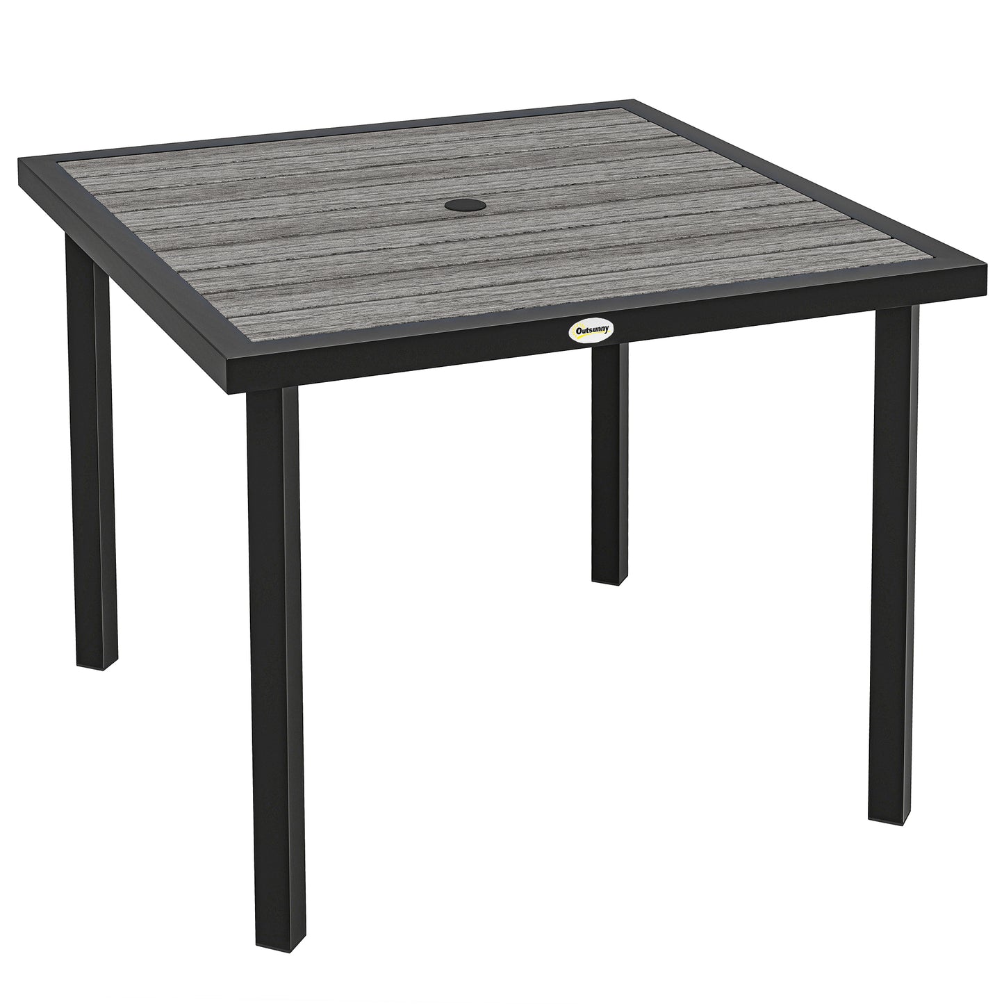 Square Garden Dining Table with Parasol Hole, Slatted Top, Metal Frame, 86 x 86 x 71 cm, Light Grey