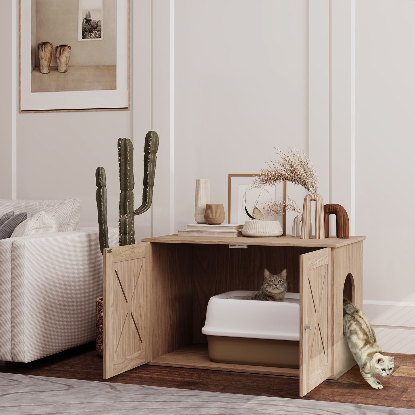 Cat Litter Box Enclosure with Double Doors and Side Entrance, Non-Slip Pads for Living Room, Walnut Brown