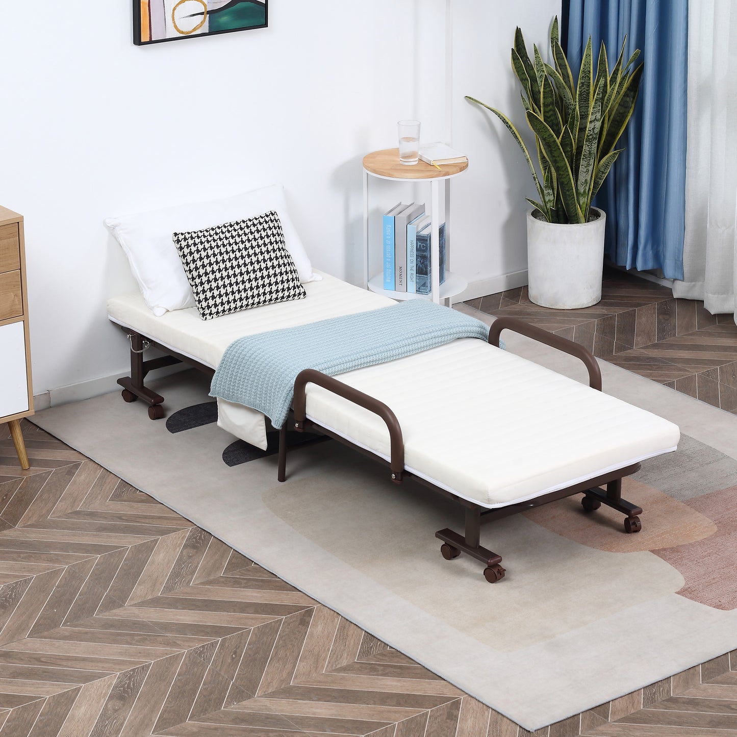 Folding Bed with Mattress, Single Guest Bed, Portable Fold Bed with Adjustable Backrest, White