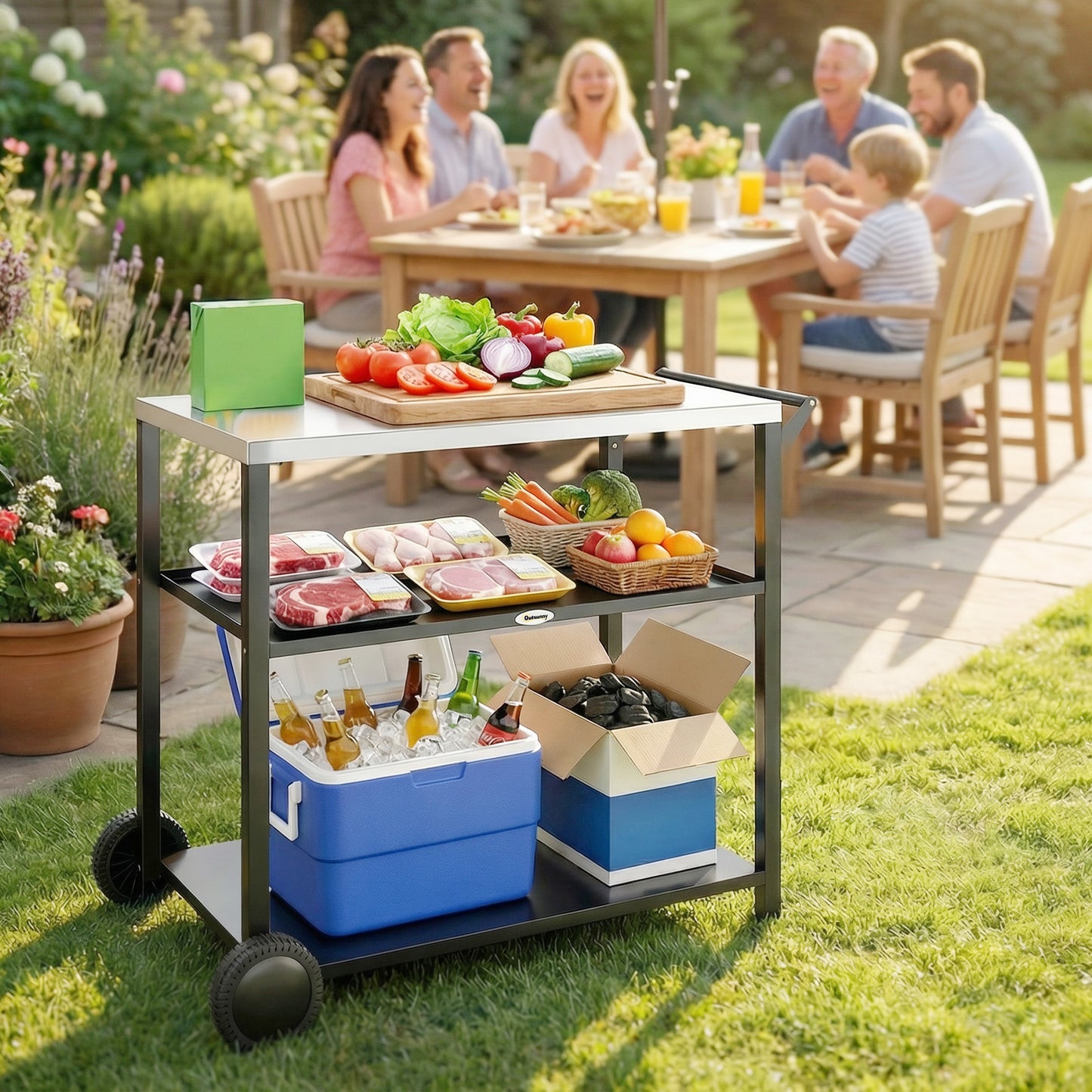 Outdoor Grill Cart with Stainless Steel Tabletop for Kitchen Prep, Two-Tier Pizza Oven Stand on Wheels, Black