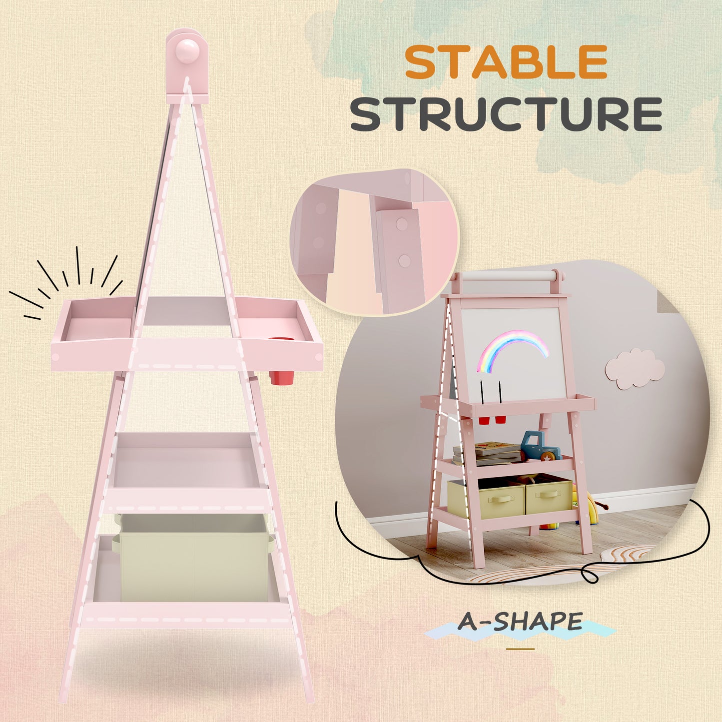 3 in 1 Kids Easel Double-Sided Magnetic Whiteboard and Chalkboard with Paper Roll, Storage Baskets - Pink