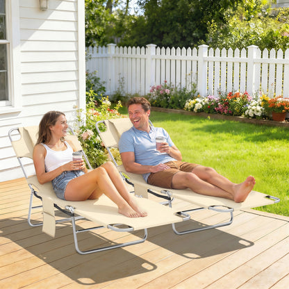 5-Position Adjustable Sun Loungers Set of 2 with Reading Hole and Side Pocket, Beige
