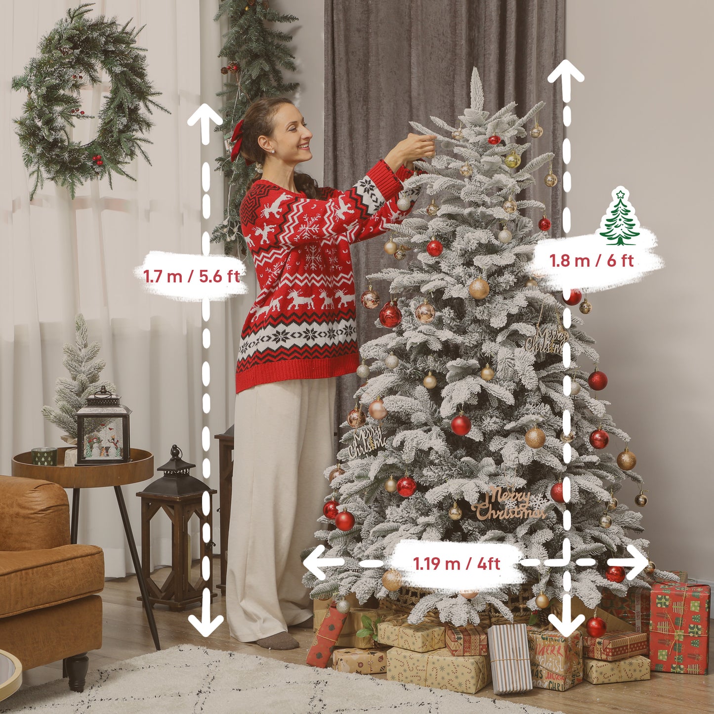 6 ft Artificial Flocked Christmas Tree with 1182 Branches, Hinged Xmas Tree with Foldable Metal Stand