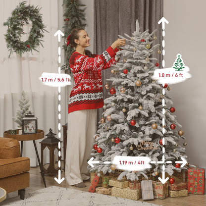 6 ft Artificial Flocked Christmas Tree with 1182 Branches, Hinged Xmas Tree with Foldable Metal Stand