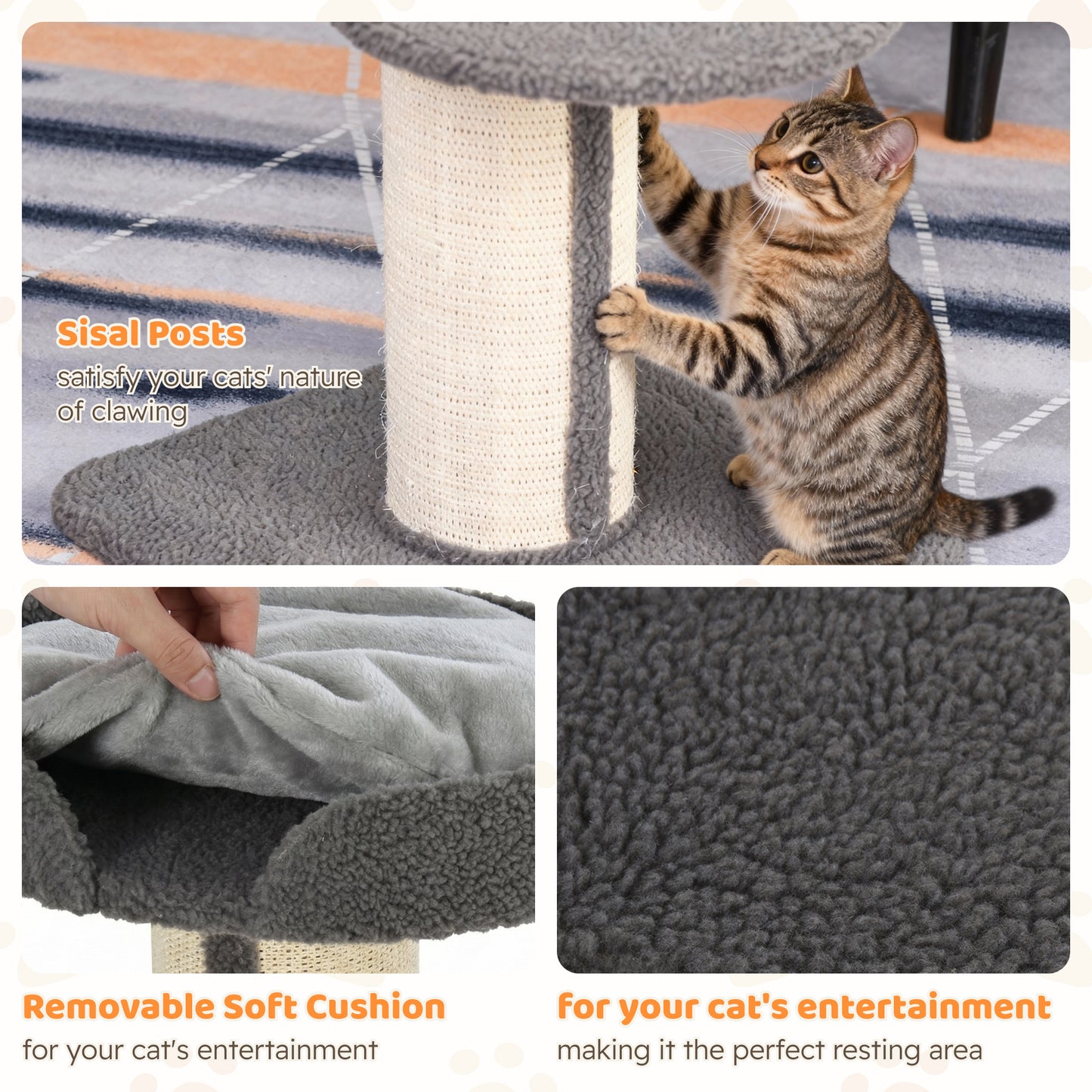 91cm Cat Tree, Cat Tower with Scratching Post, Bed, Perch, Removable Cushion for Indoor Kittens, Grey