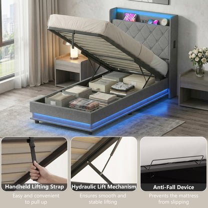 3ft Single Bed Frame with Headboard, Platform Bed Frame with Hydraulic Storage, LED Lights and Charging Station, Grey