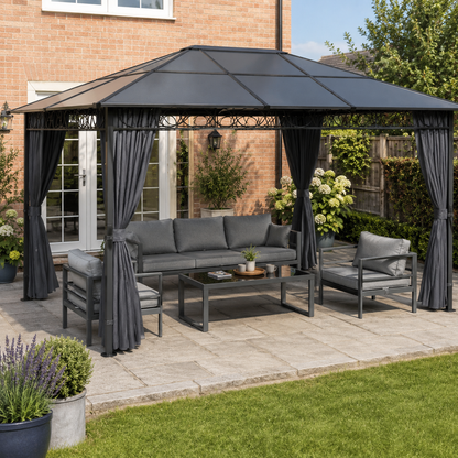 3 x 4 m Outdoor Hardtop Gazebo Canopy with PC Roof, Aluminium Permanent Pavilion Garden Gazebo with Curtains, Dark Grey