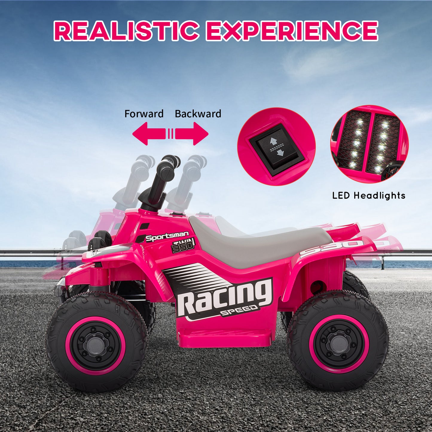 6V Electric Quad Bike for Kids, Ride On ATV w/ Forward/Reverse, Headlights, for Ages 18-36 Months, Pink
