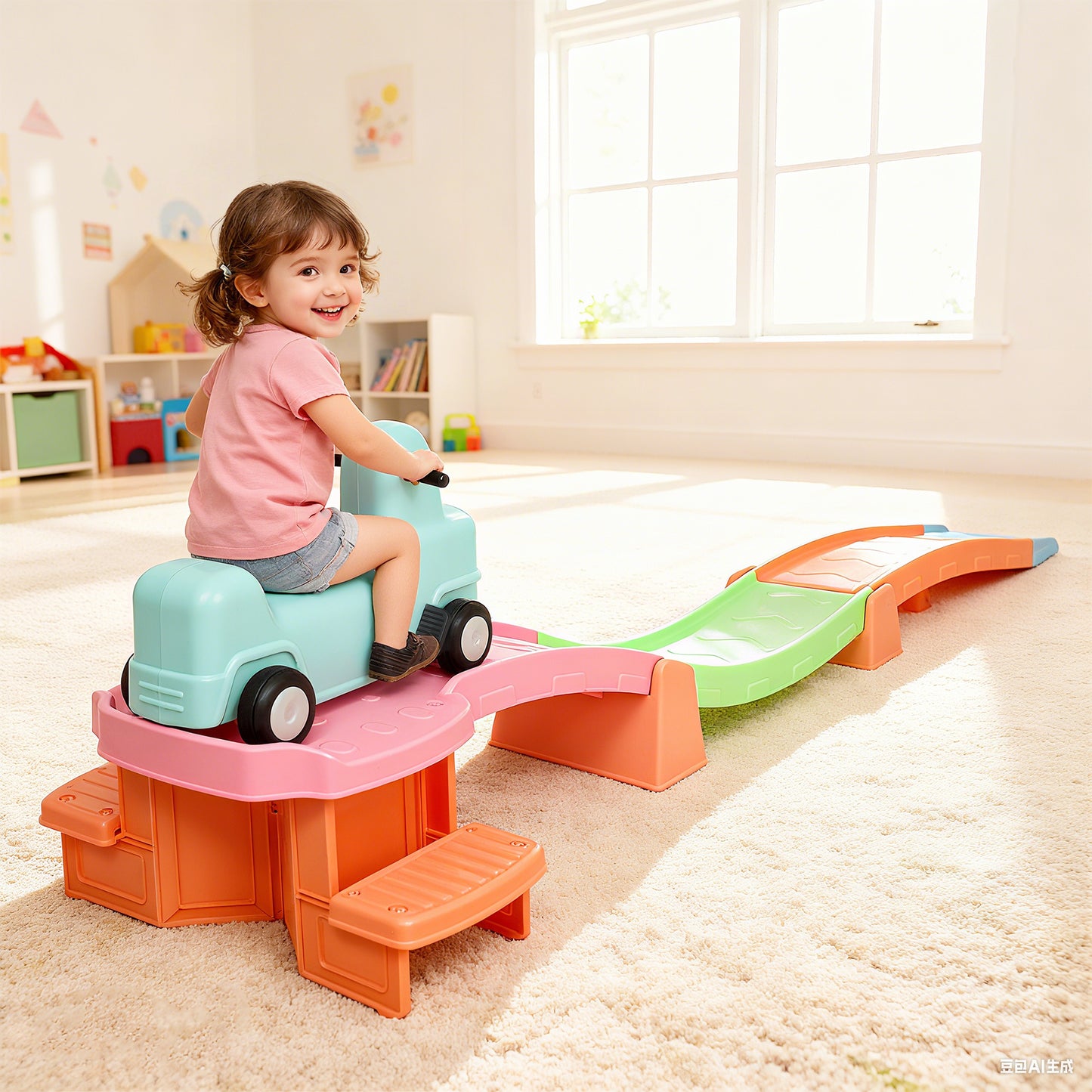 3(m) Four-Piece Ride on Kids Roller Coaster w/ Non-Slip Steps, for Ages 2-5 Years - Orange