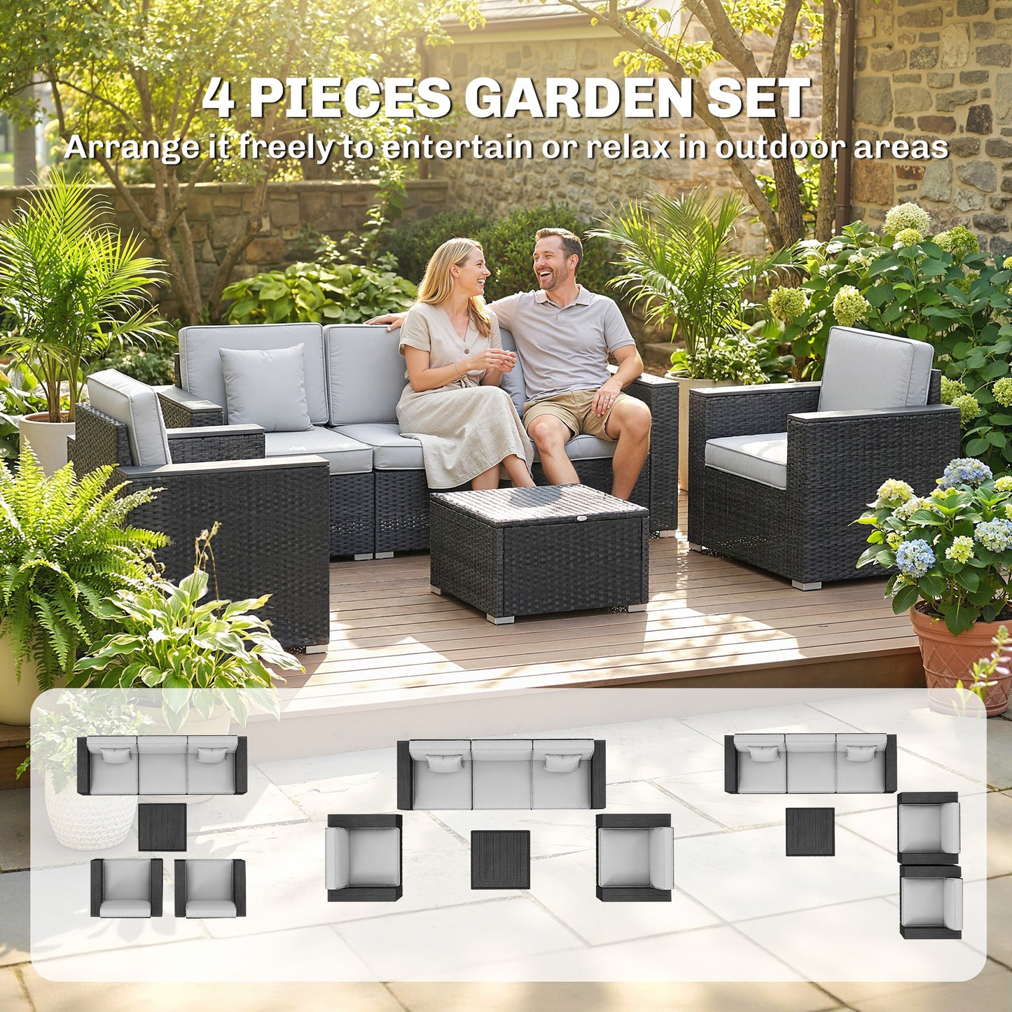 5 Seater Rattan Garden Furniture Set with Wide Armrests, Cushions, Pillows for Patio, Dark Grey