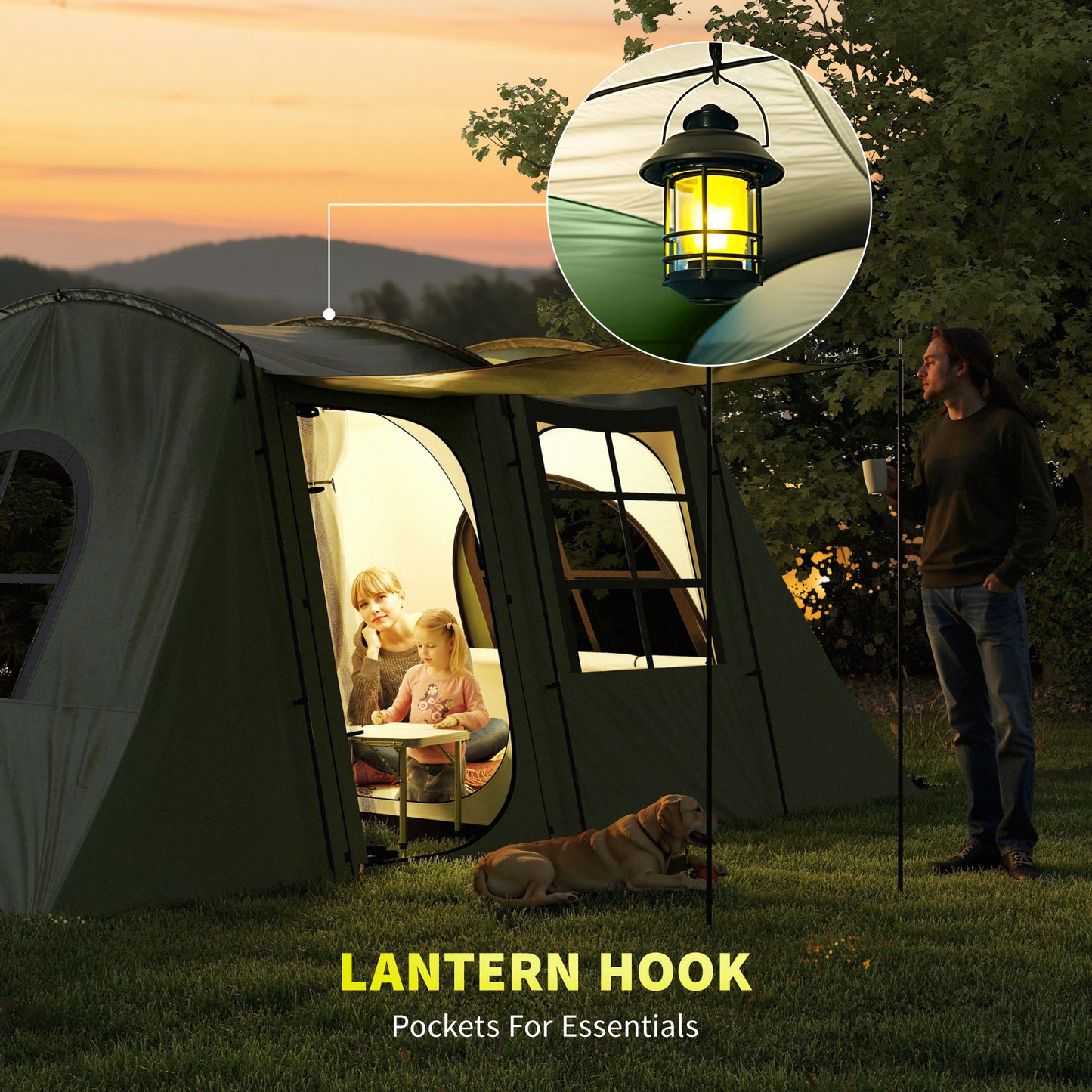 4 Man Tunnel Tent, Family Camping Tent with Porch, Bedroom and Living Area, Sewn in Groundsheet, 3000mm Waterproof