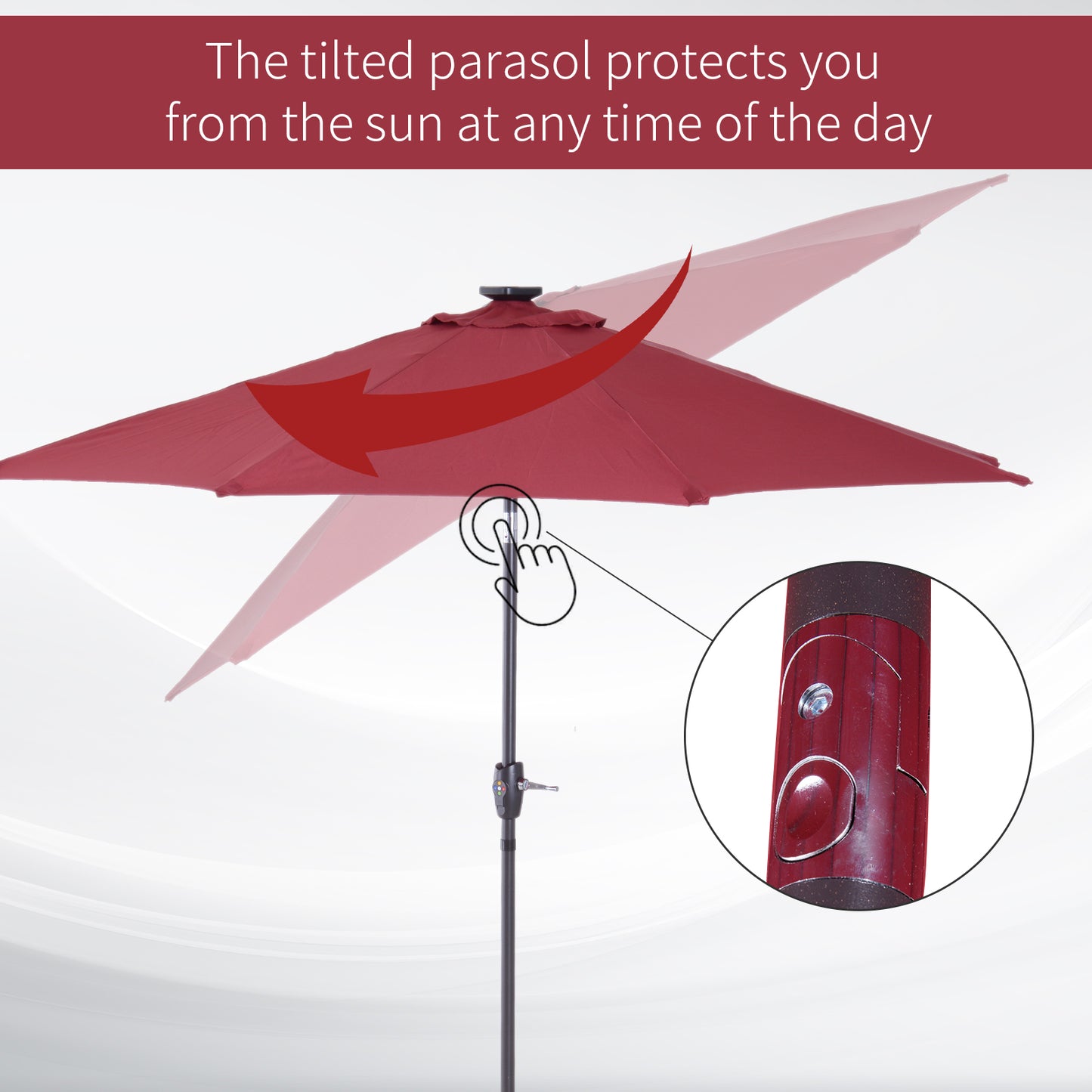 Φ2.7m Garden 24 LED Light Parasol Solar Outdoor Tilt Sun Umbrella Patio Club Party Event Manual Sun Shade w/ Hand Crank and 8