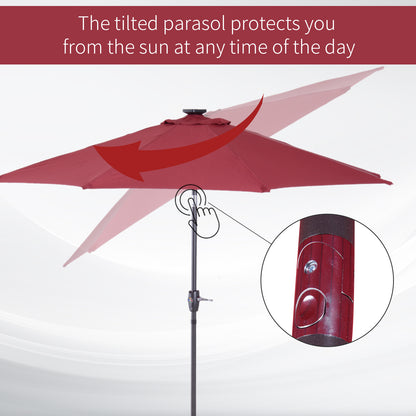 Φ2.7m Garden 24 LED Light Parasol Solar Outdoor Tilt Sun Umbrella Patio Club Party Event Manual Sun Shade w/ Hand Crank and 8