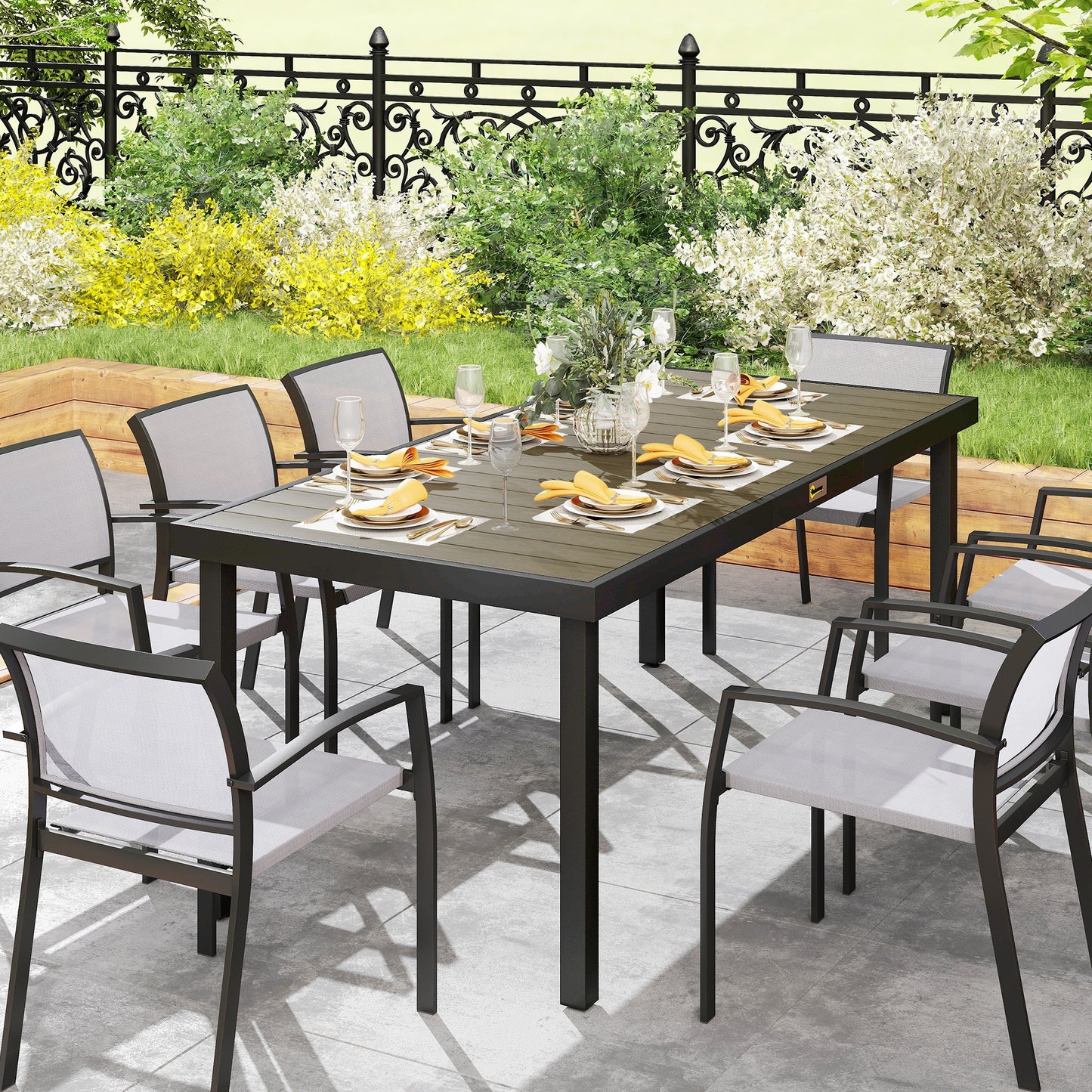 Aluminium Outdoor Garden Dining Table for 8 People, Faux Wood Top, for Garden, Patio, 190 x 90 x 74cm, Brown