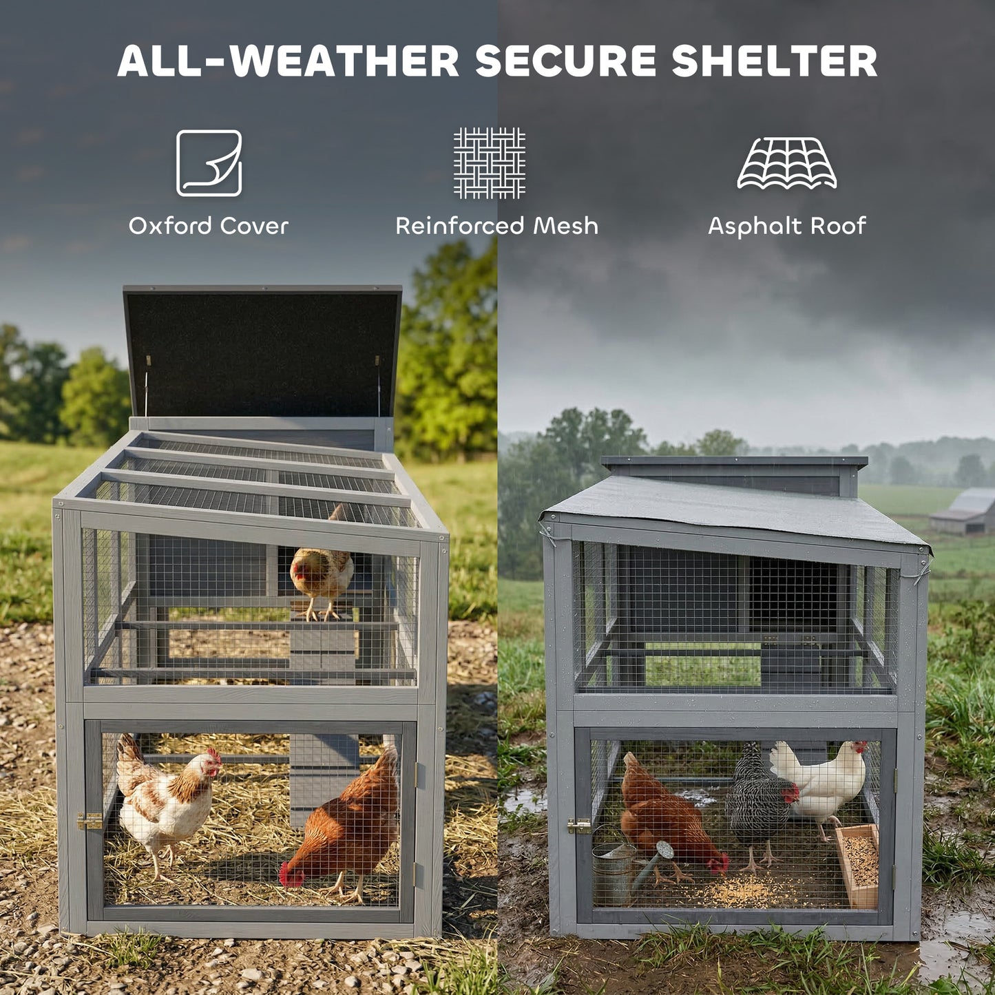 Large Chicken Coop, Wooden Hen House with Covered Run, Nesting Box, Pull-Out Tray, Opening Asphalt Roof