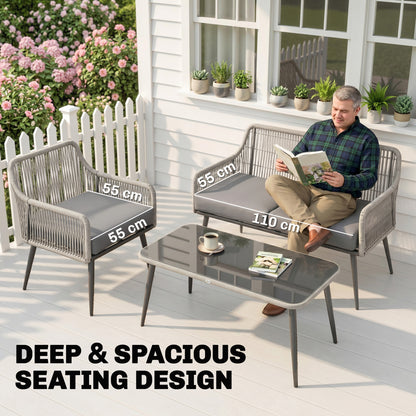 Rattan Garden Furniture Set, 4 Piece Outdoor Patio Furniture with Tempered Glass Table and Chairs