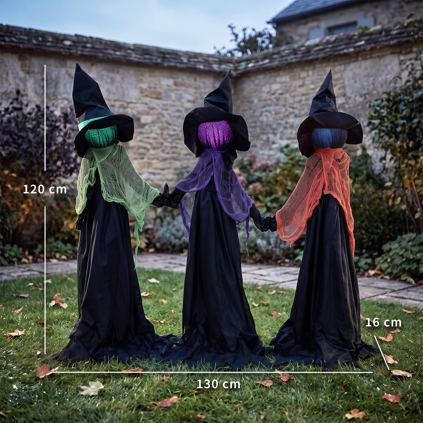 120cm Witches Holding Hands Halloween Decorations Outdoor Indoor, Scary Halloween Witch Decor with Light-Up Heads