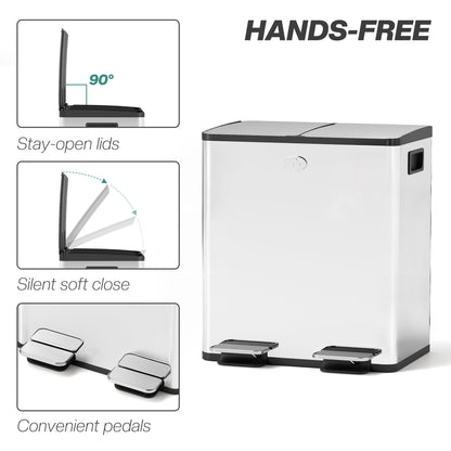 40L Dual Compartment Stainless Steel Bin, with Deodoriser Holders - Silver Tone