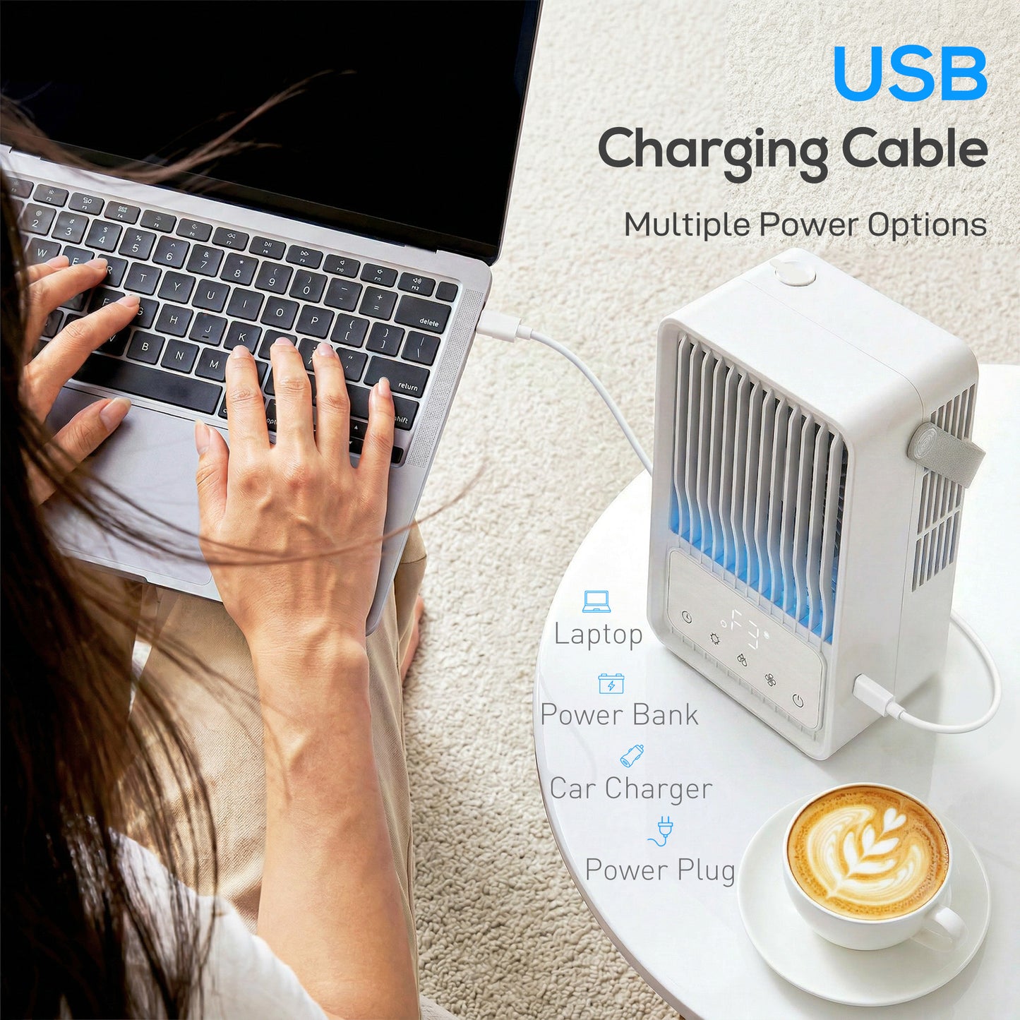 Portable Air Conditioner, 4-in-1 Mini Air Cooler with 3 Wind Speed, 2 Mist Mode, 7 Colour RGB Light, White