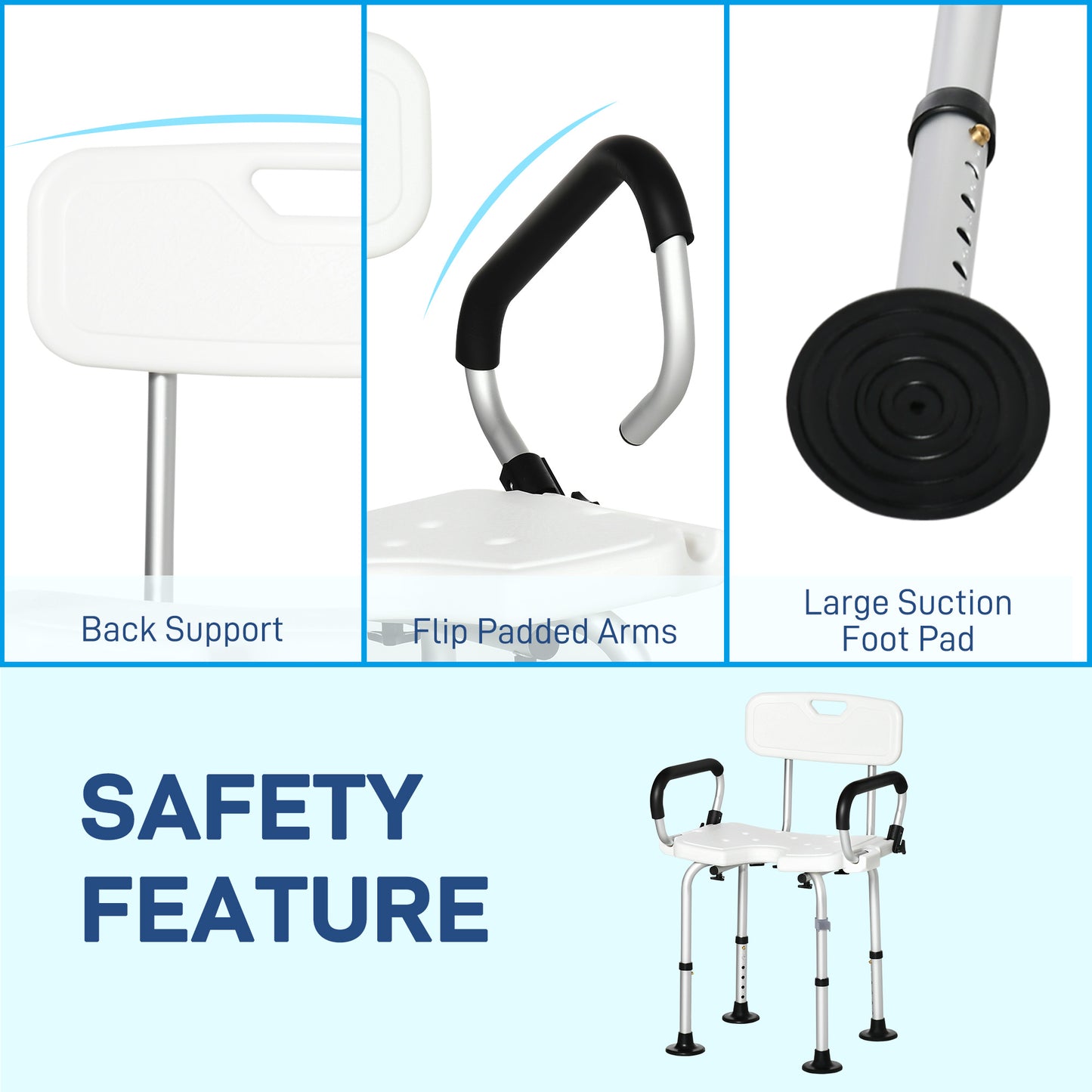 Shower Chair for the Elderly and Disabled, Height Adjustable Shower Stool with Back and Flipped Padded Arms