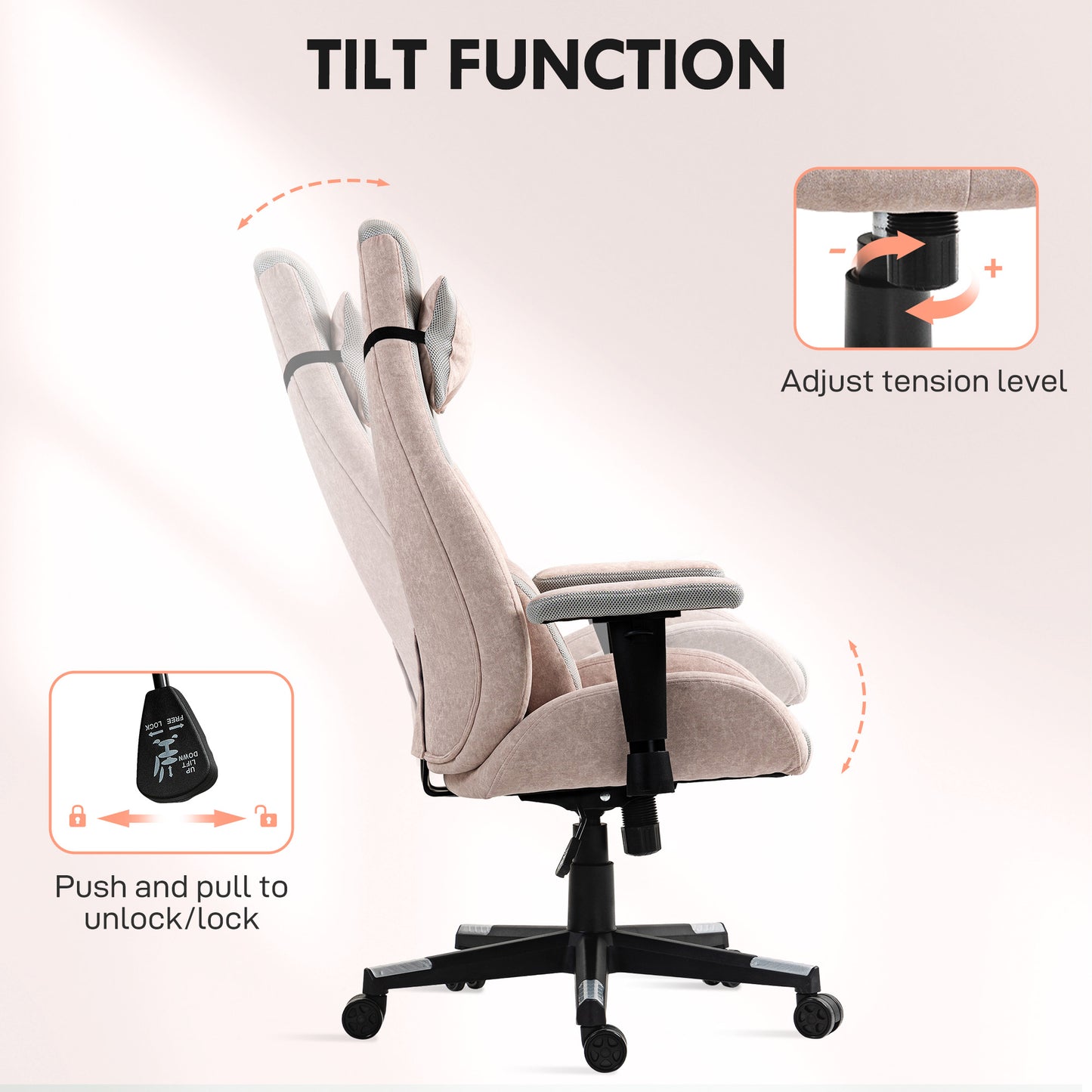 Fabric Gaming Chair with Lumbar Support, Headrest - Pale Pink