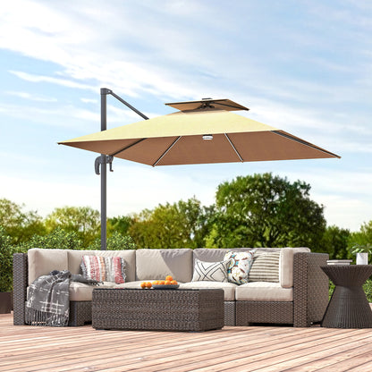 2.5m Cantilever Parasol with Solar Powered LED Lights, 360° Rotation, Tilt Adjustment, Crank Handle, Khaki