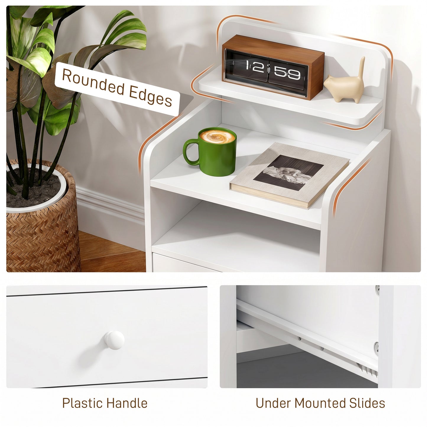 Bedside Cabinet, Bedside Table with Drawer and Shelf for Living Room, White