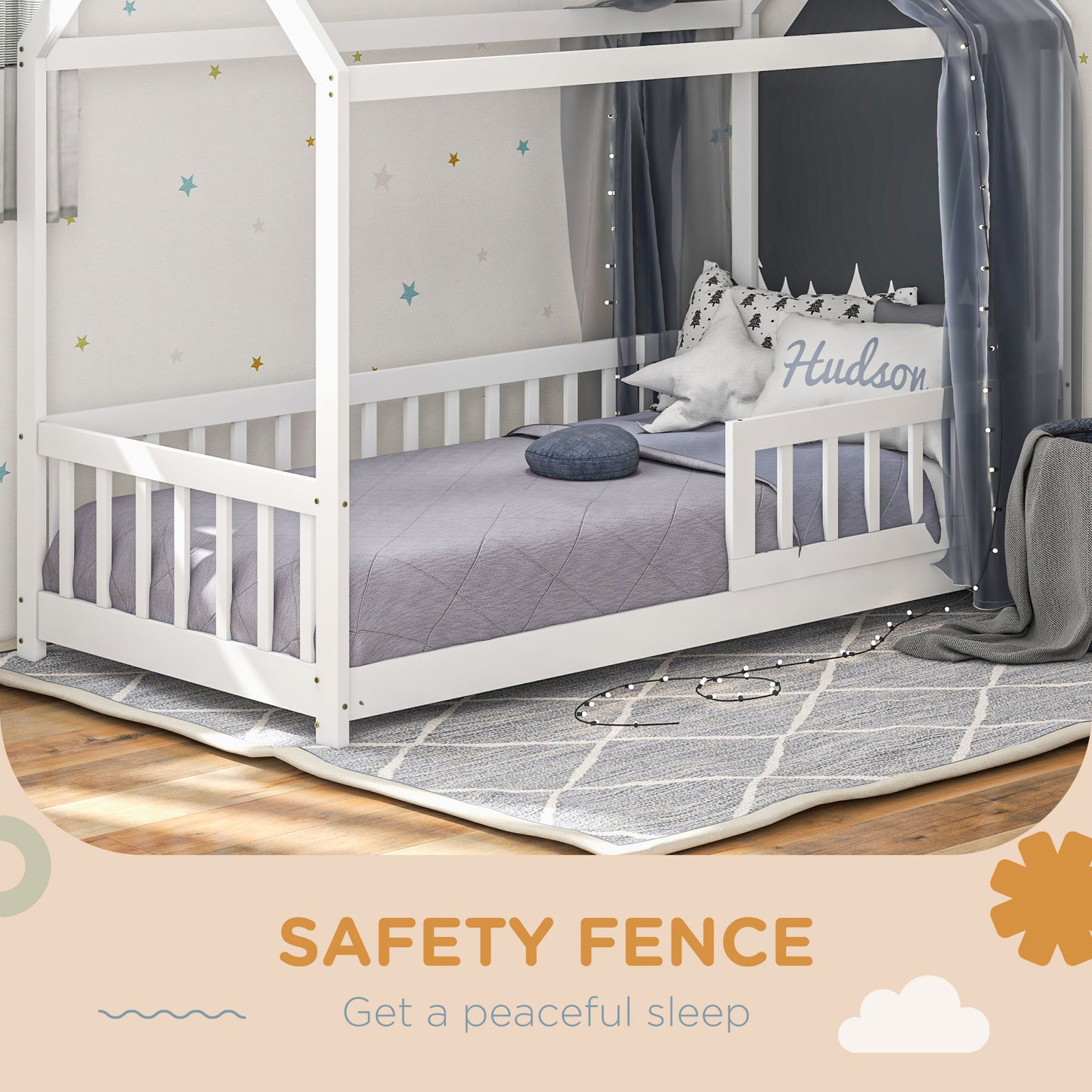 House-Shaped Kids Bed Frame with Guard Rails, Solid Pine Wood Single Bed Frame for Kids Boys and Girls