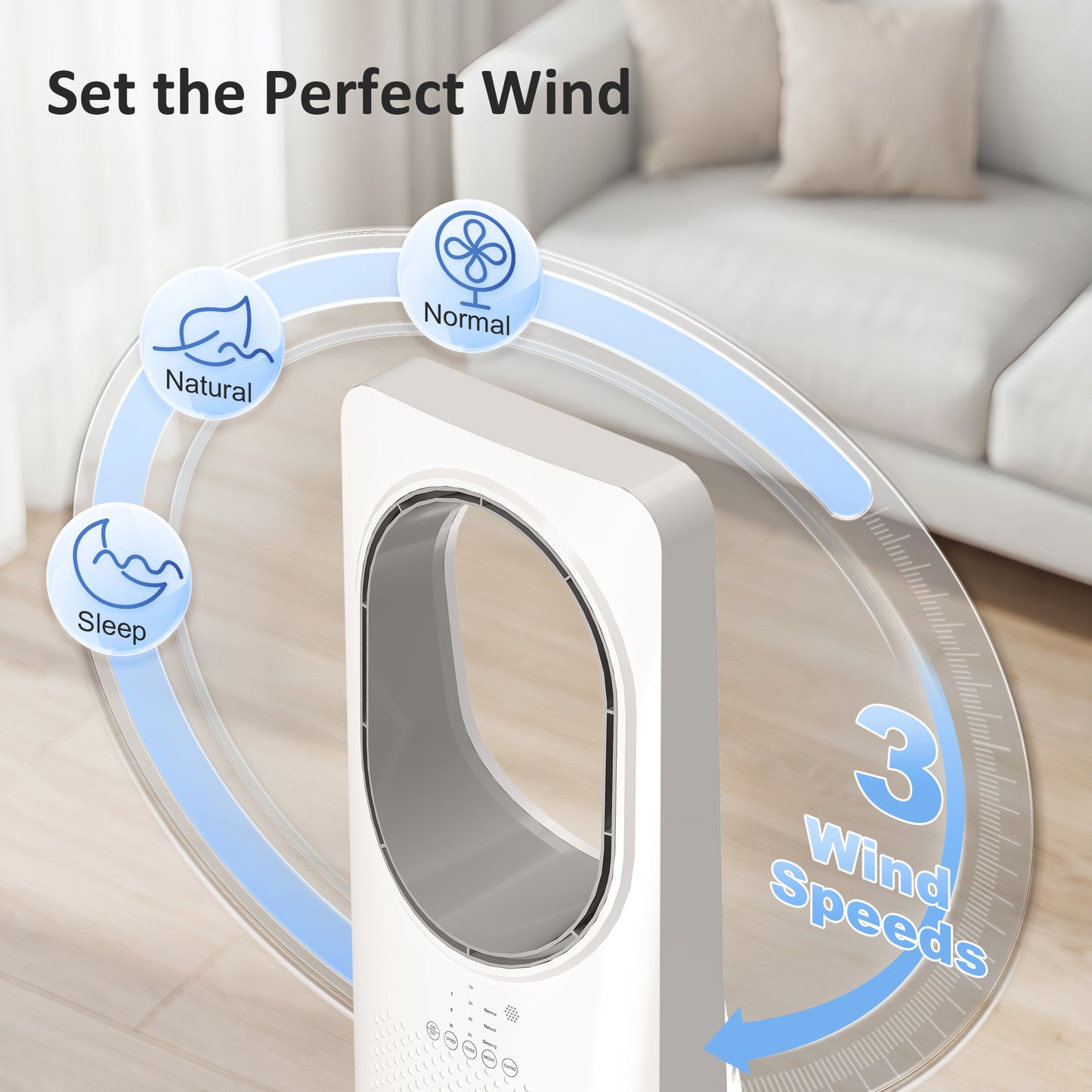 Bladeless Tower Fan for Bedroom, 36dB Standing Cooling Fan with Oscillating, 3 Speeds, 3 Modes, 15H Timer, White