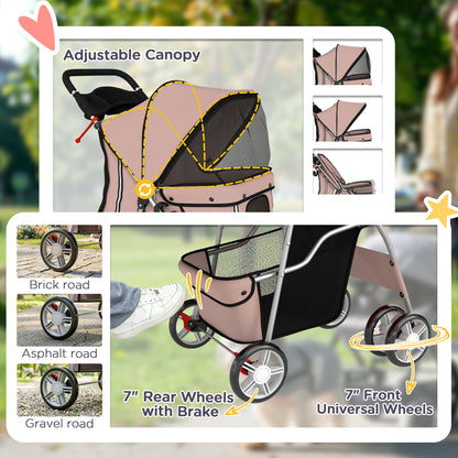 Dog Pram, Pet Stroller with Reflective Strips, Foldable Cat Stroller with 360° Swivel Wheels, Brown