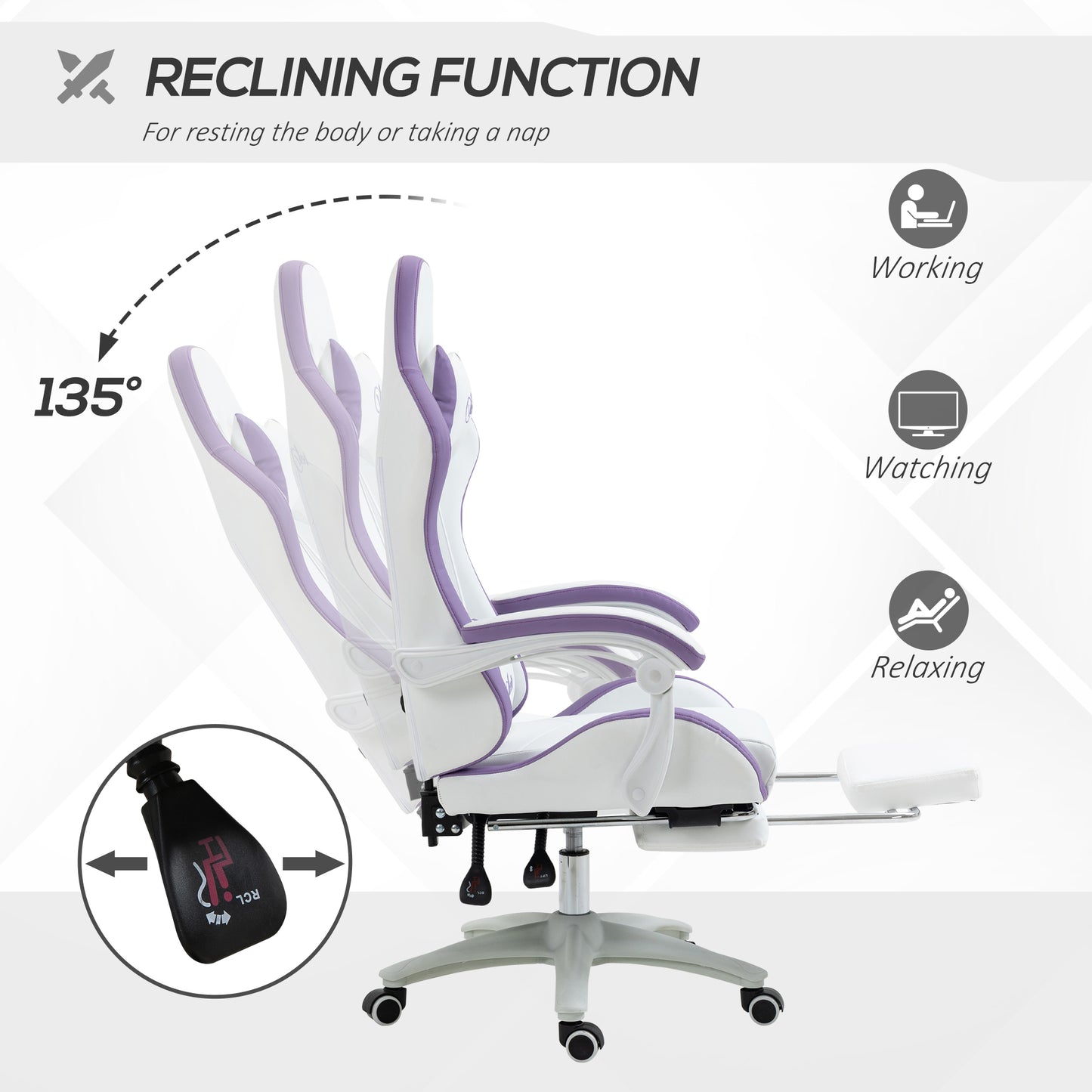 Computer Gaming Chair, PU Leather Office Desk Chair with Footrest, Swivel Wheels, 135° Reclining Back, Lumbar Support