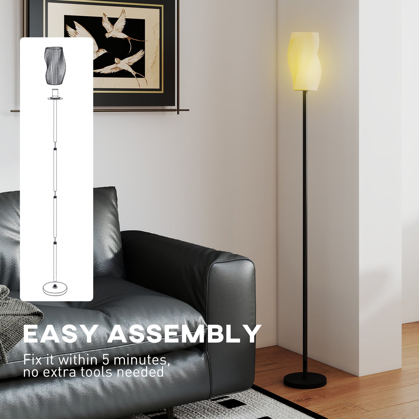 Floor Lamp for Living Room, 3D Printed Modern Standing Lamp with Flowing Curved Shade & Foot Switch