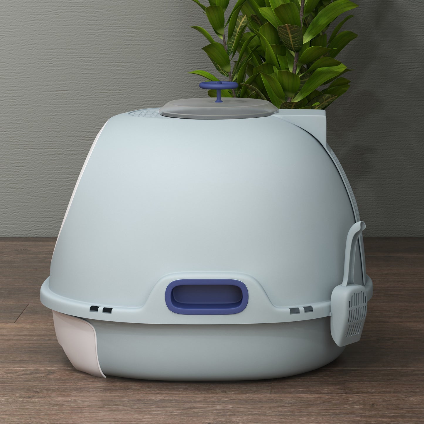 Cat Litter Box Toilet with Litter Scoop Enclosed Drawer, Front Entry Top Exit, Easy To Clean Blue