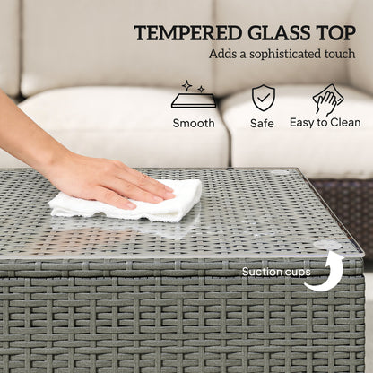 Rattan Garden Coffee Table with Glass Top, Light Grey