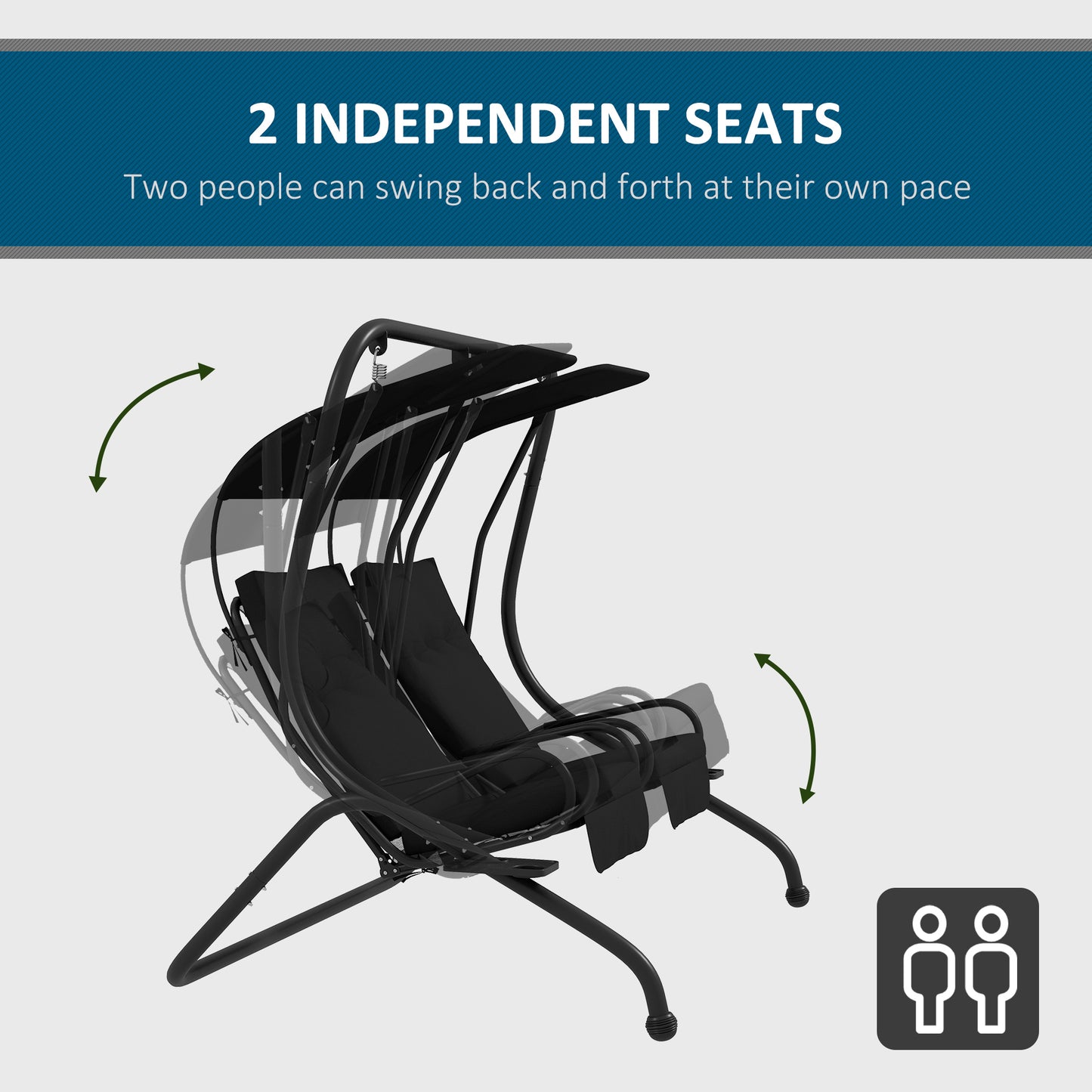 Two-Seat Garden Swing Chair, with Protective Canopy - Black