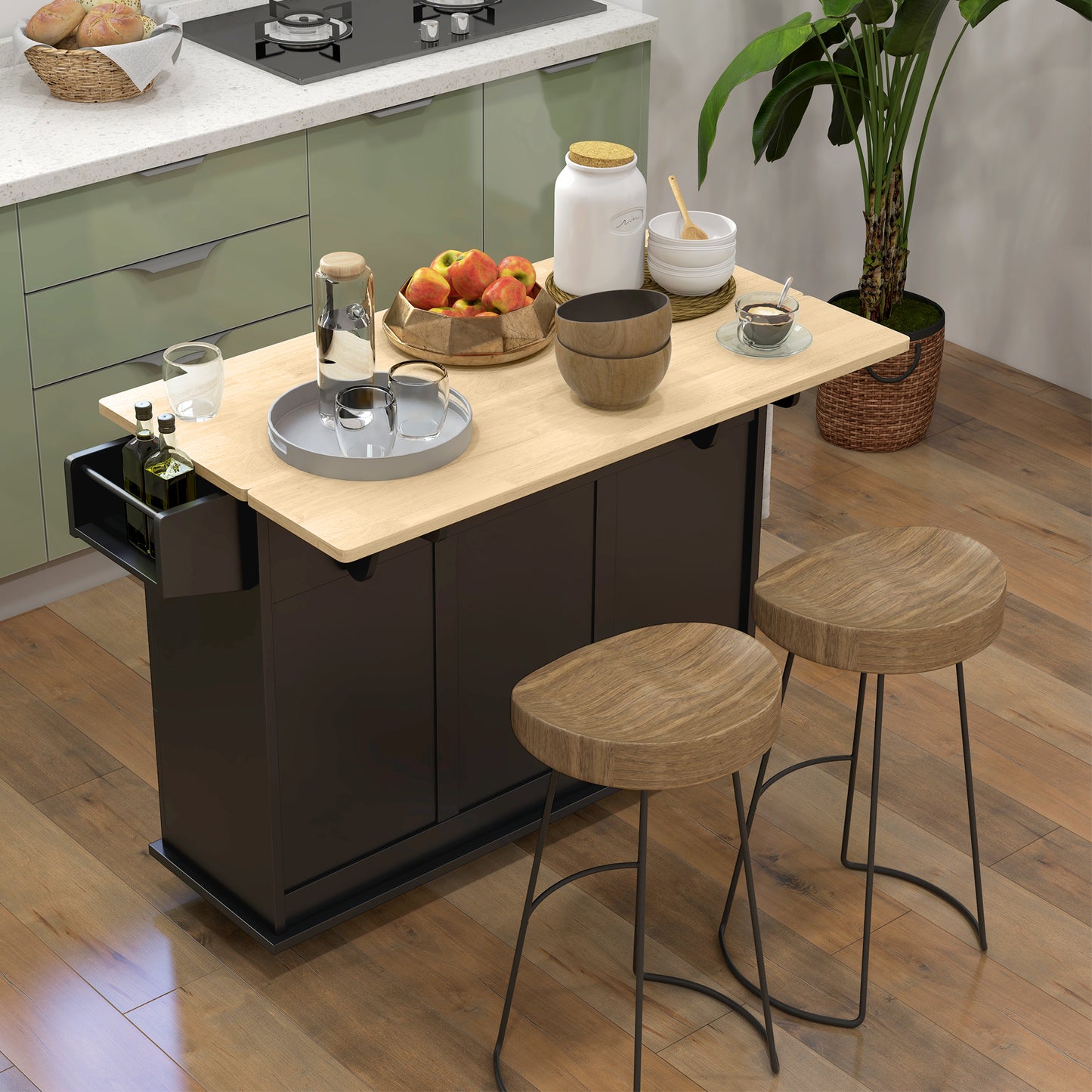 Kitchen Island with Drop Leaf, Rolling Kitchen Storage Trolley on Wheels with 3 Drawers, Black
