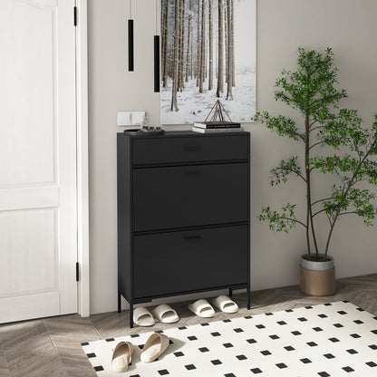 Three Drawer Slim Shoe Storage Cabinet, 12 Shoe Pairs - Black