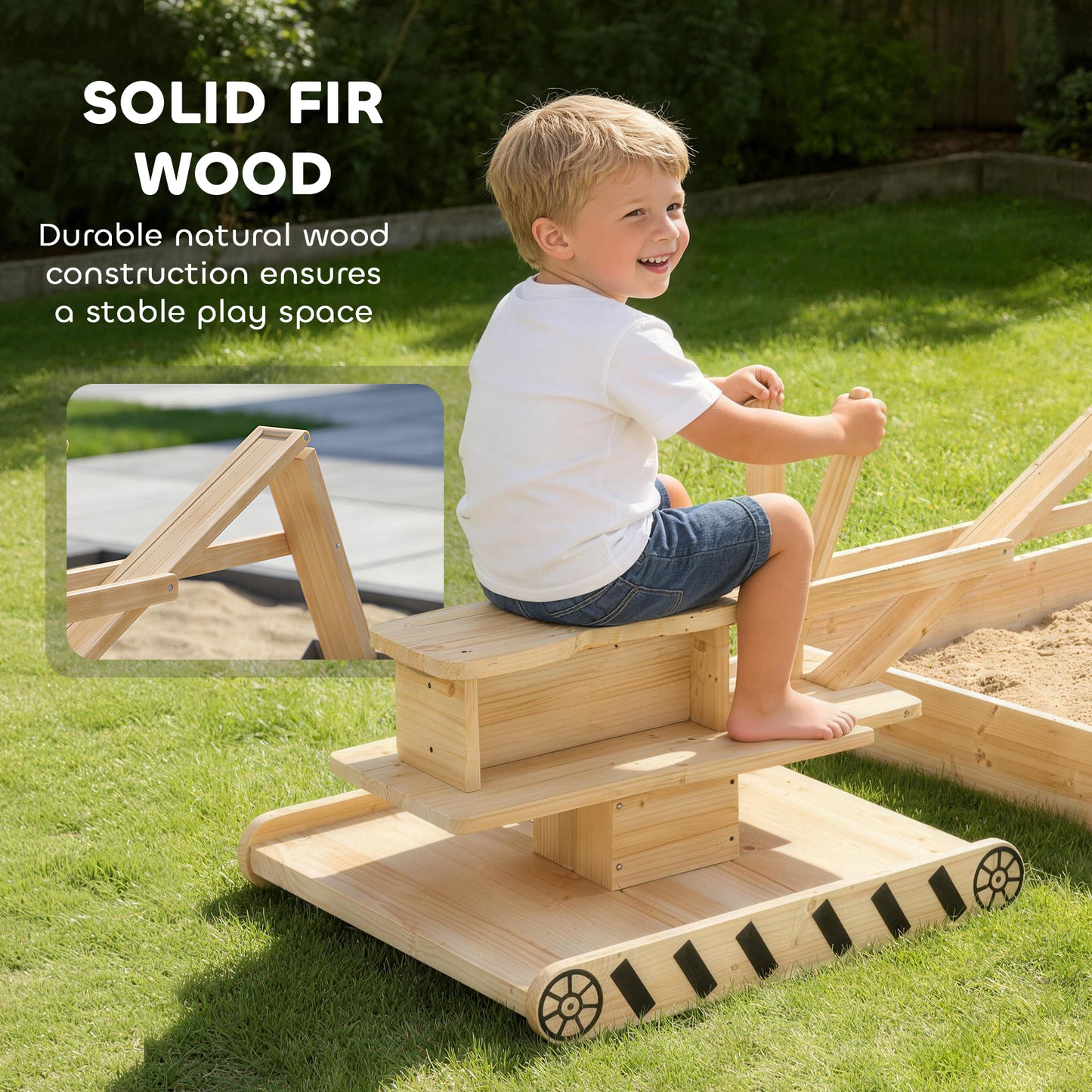 Wooden Sand Pit with Digger, Kids Sandbox Outdoor, SandPit with 360 Swivel Seat and Bottom Liner